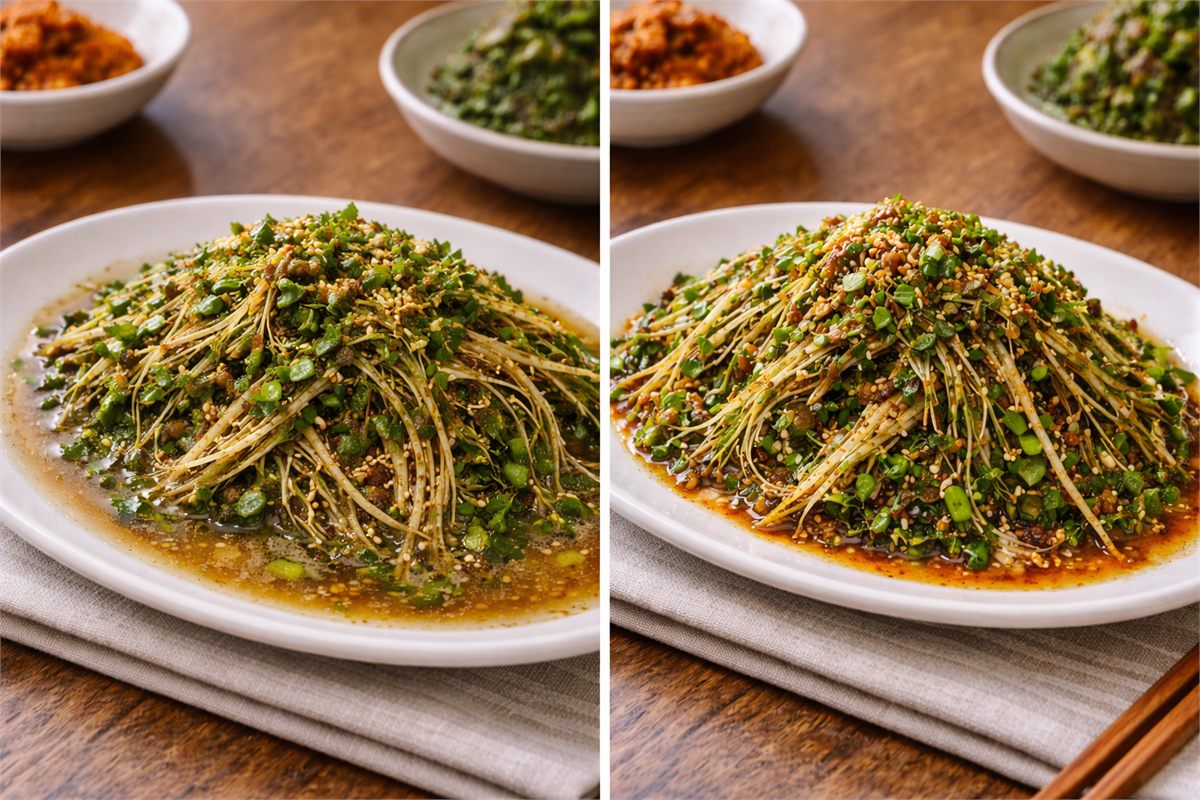 물기 많아진 무침과 잘 무쳐진 냉이무침을 대비해 놓은 장면 