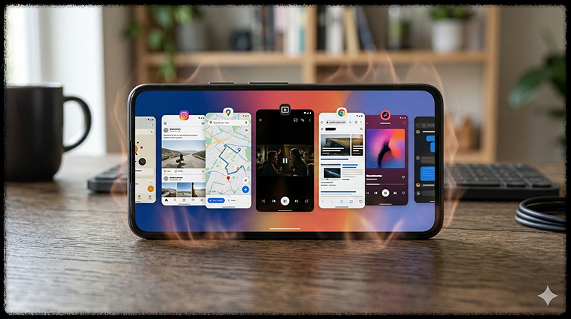 여러 앱 실행으로 스마트폰 발열이 발생하는 모습