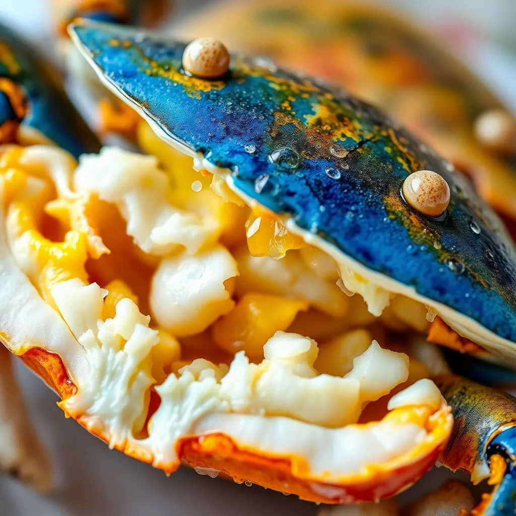 반으로 갈라진 꽃게의 단면이 클로즈업되어, 하얀 속살과 노랗고 진한 내장이 먹음직스럽게 드러나 있는 모습입니다. 신선함과 풍부한 맛을 시각적으로 강조합니다.