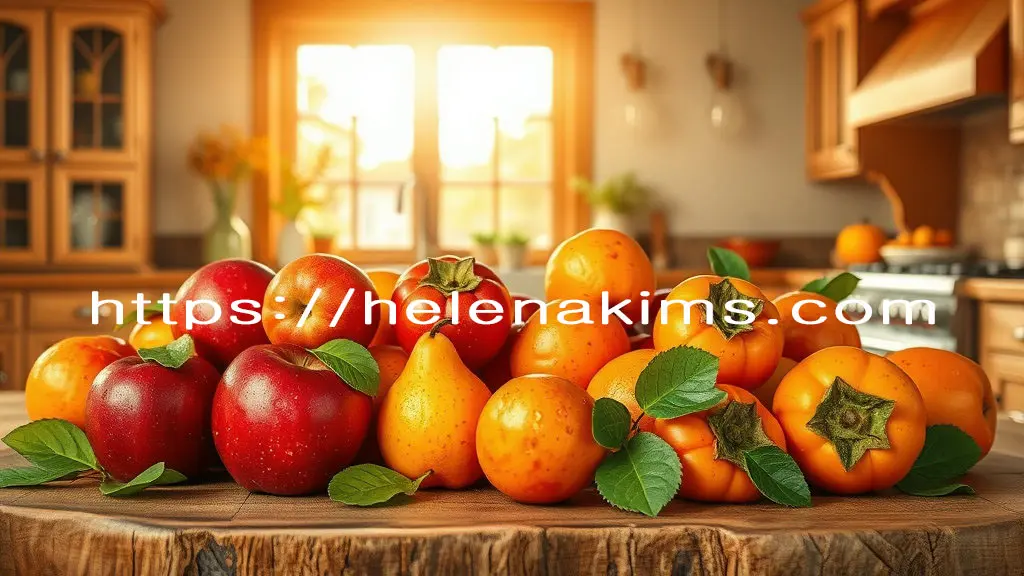 따스한 햇살이 드는 창가, 나무 테이블에 탐스러운 사과, 통통한 배, 주황빛 잘 익은 감이 아름답게 놓여 있습니다.