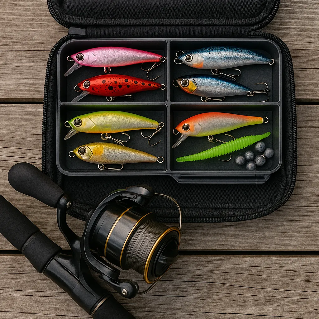 루어와 낚시 장비가 정리된 낚시 가방 클로즈업