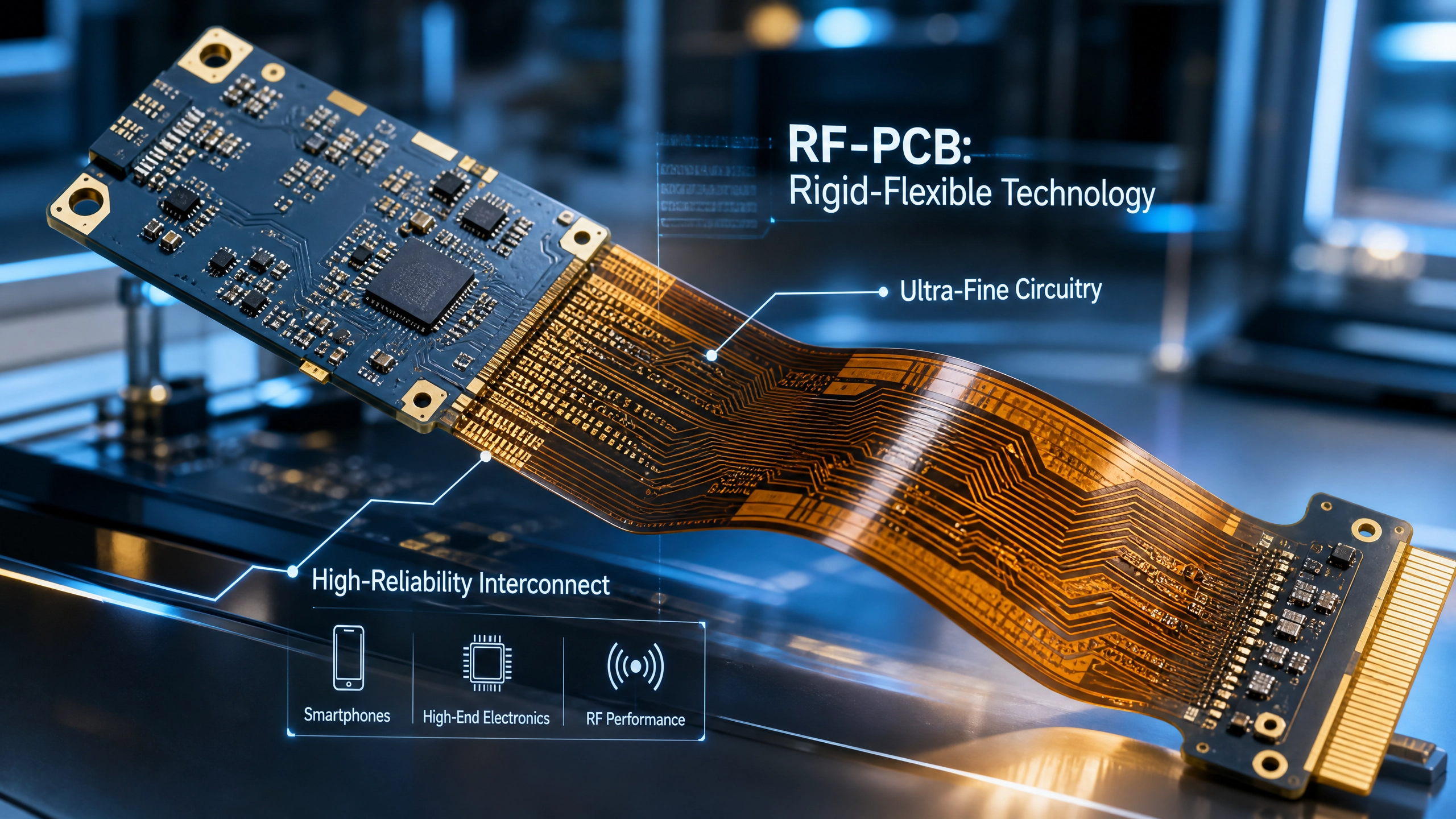 FPCB 분야의 글로벌 리더인 비에이치(BH)의 핵심 제품인 RF-PCB(Rigid Flexible PCB)의 정밀한 기술력을 시각화한 이미지입니다.
이미지 주요 특징:
하이브리드 구조 시각화: 단단한 기판(Rigid)과 유연한 기판(Flexible)이 하나로 통합된 RF-PCB 특유의 구조를 매크로 뷰를 통해 입체적으로 표현했습니다.
초미세 회로 패턴: 스마트폰 및 고사양 전자기기의 슬림화와 고성능화를 가능하게 하는 비에이치만의 정교한 초미세 회로 설계 기술을 디테일하게 묘사했습니다.
고신뢰성 인터커넥트: 복잡한 부품들이 실장되는 연결 부위와 골드 패턴을 통해 신호 전달의 안정성과 높은 신뢰성을 강조했습니다.
첨단 기술 오버레이: 'Rigid-Flexible Technology', 'Ultra-Fine Circuitry' 등의 텍스트와 아이콘을 통해 제품의 핵심 가치와 적용 분야(스마트폰, 하이엔드 가전 등)를 설명했습니다.