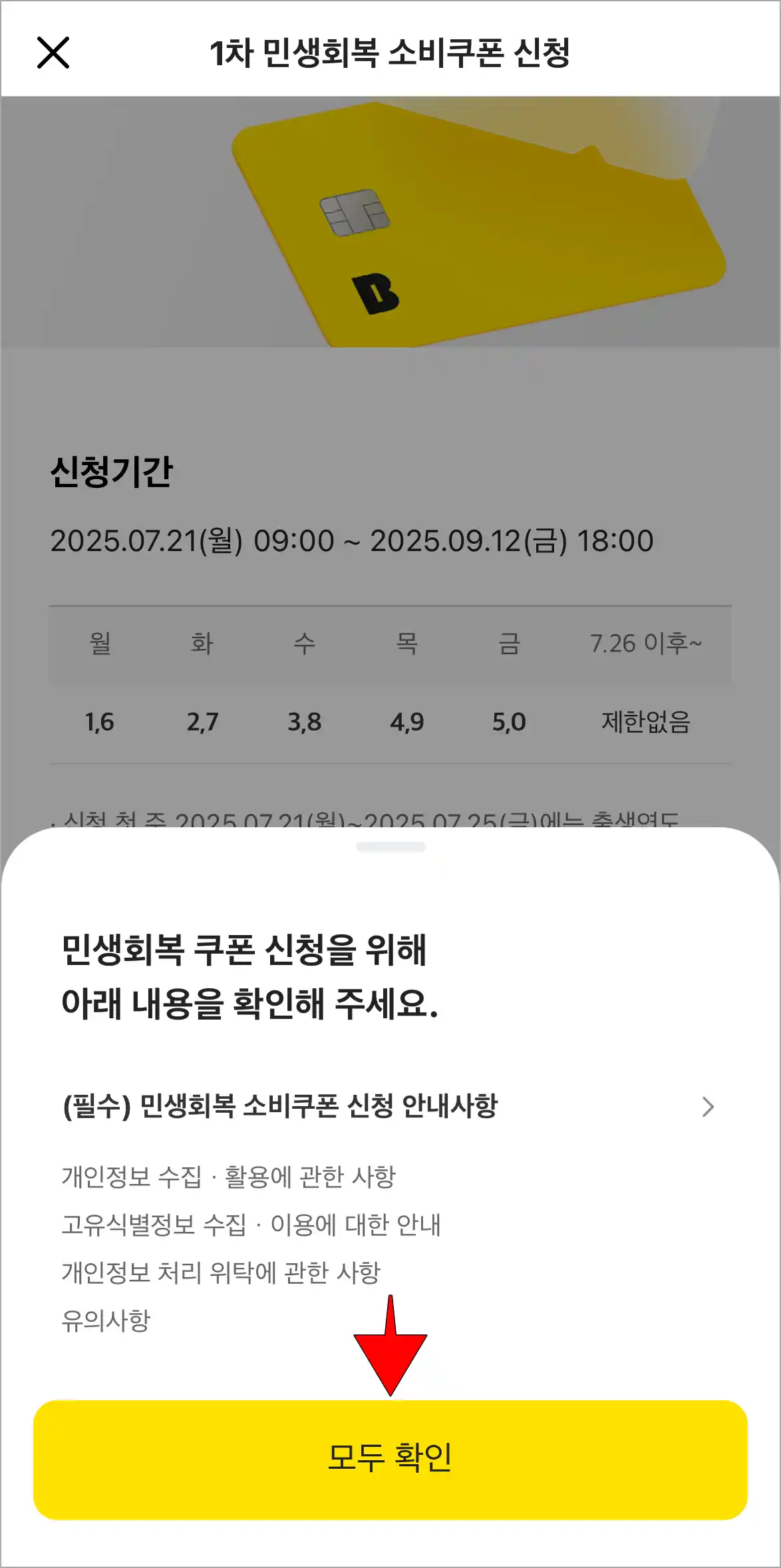 민생회복 쿠폰 신청을 위해 모두 확인을 선택해 내용을 확인