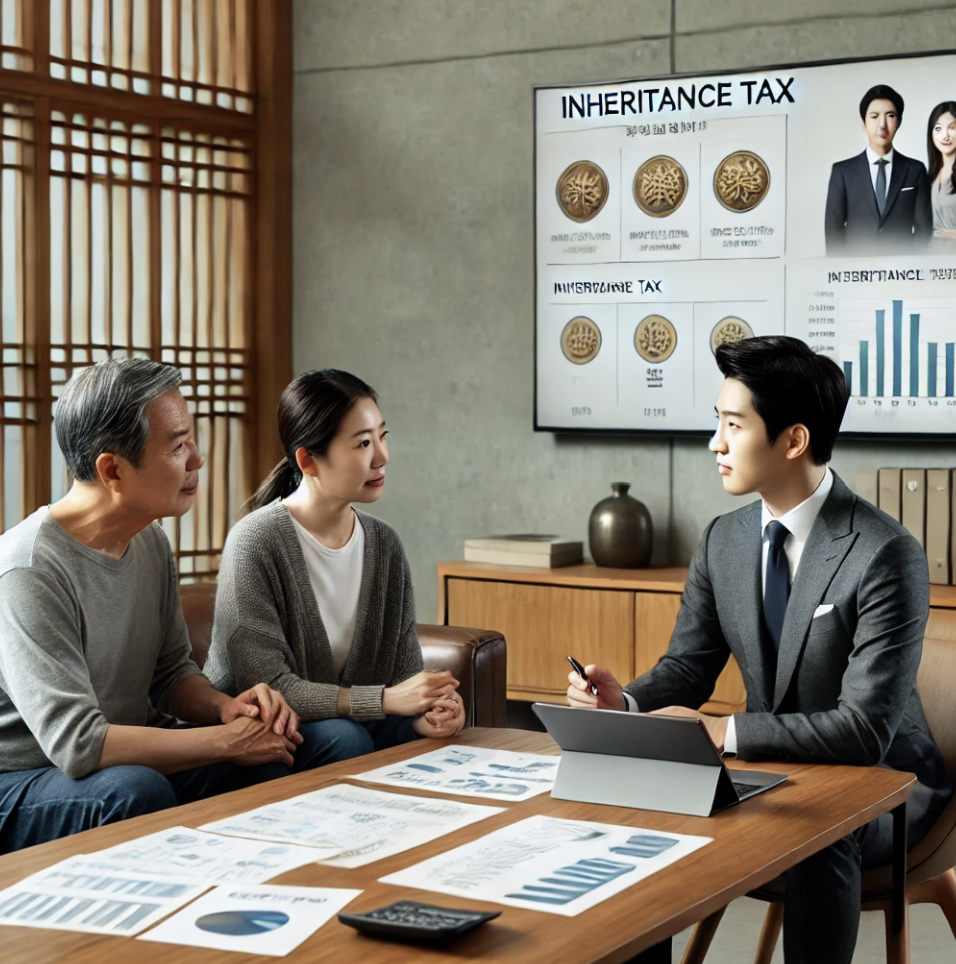 재무 상담사가 중년 부부에게 상속세에 대해 설명하는 모습.