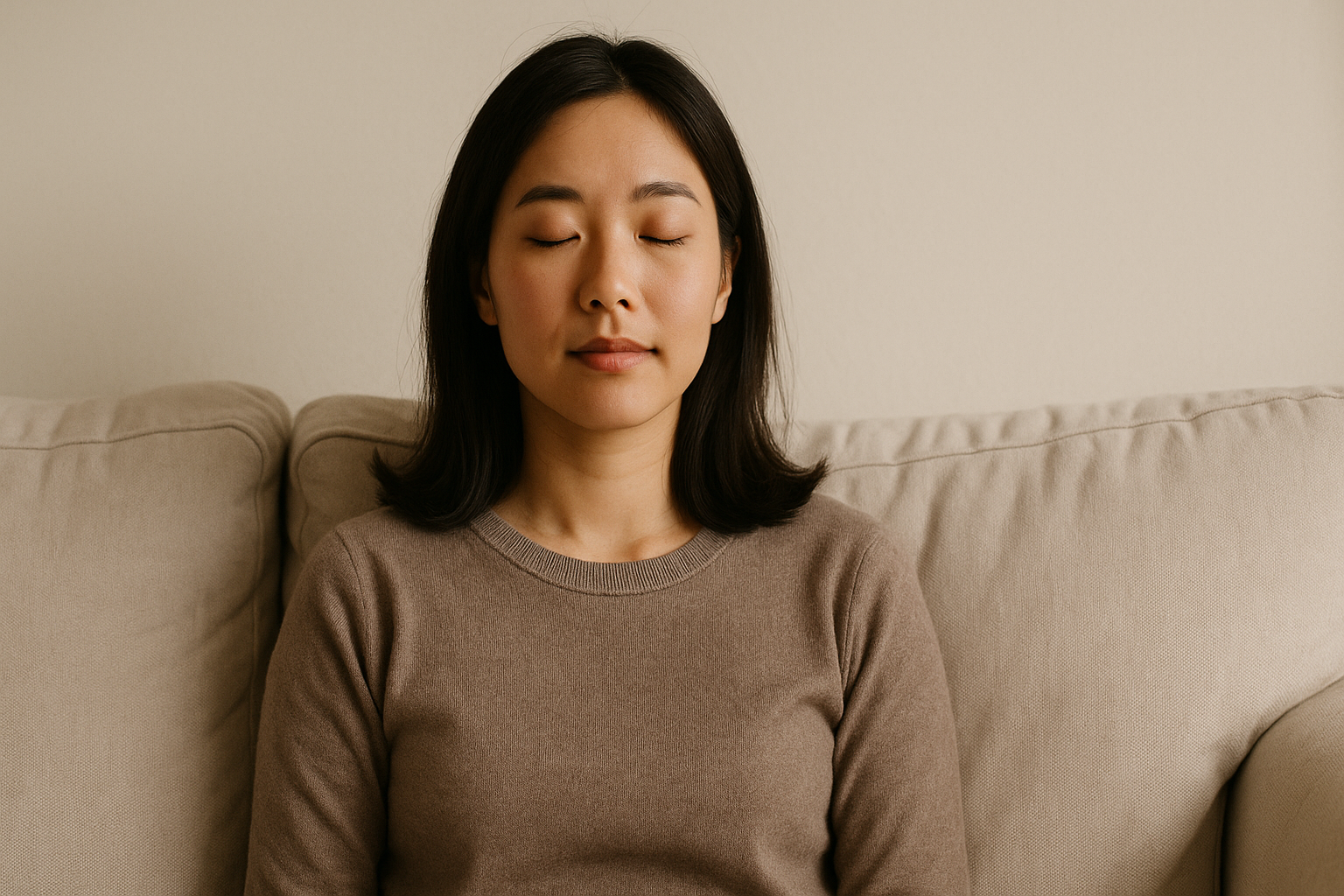 쇼파에 등을 대고 눈을 감고, 짧게 명상하는 여자