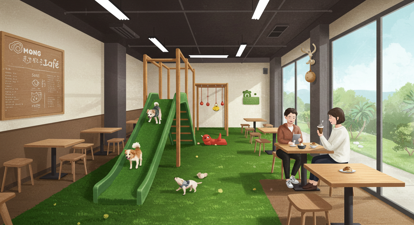강아지가 실내 놀이터에서 뛰노는 몽카페와 보호자가 쉬는 공간 모습