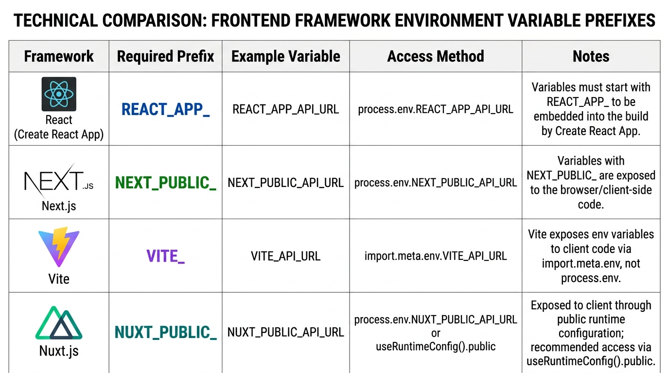 React(REACT_APP_), Next.js(NEXT_PUBLIC_), Vite(VITE_) 등 각 프론트엔드 프레임워크별로 반드시 붙여야 하는 환경변수 접두사 규칙을 비교 정리한 표