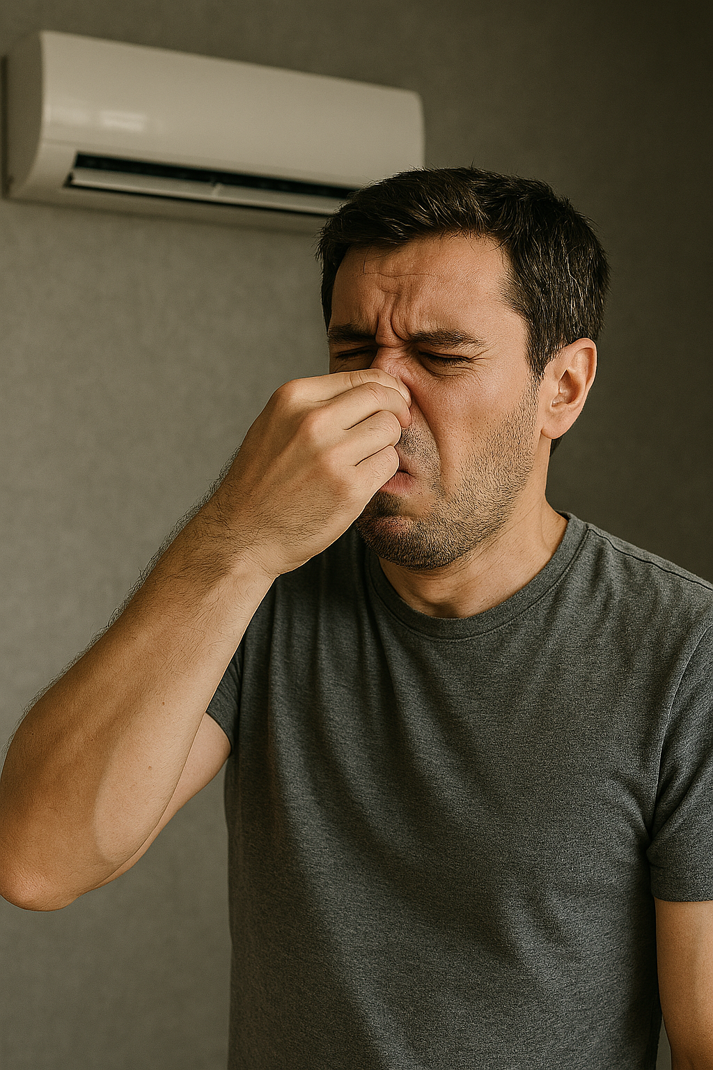 에어컨 냄새 때문에 코를 막고 있는 사람의 모습