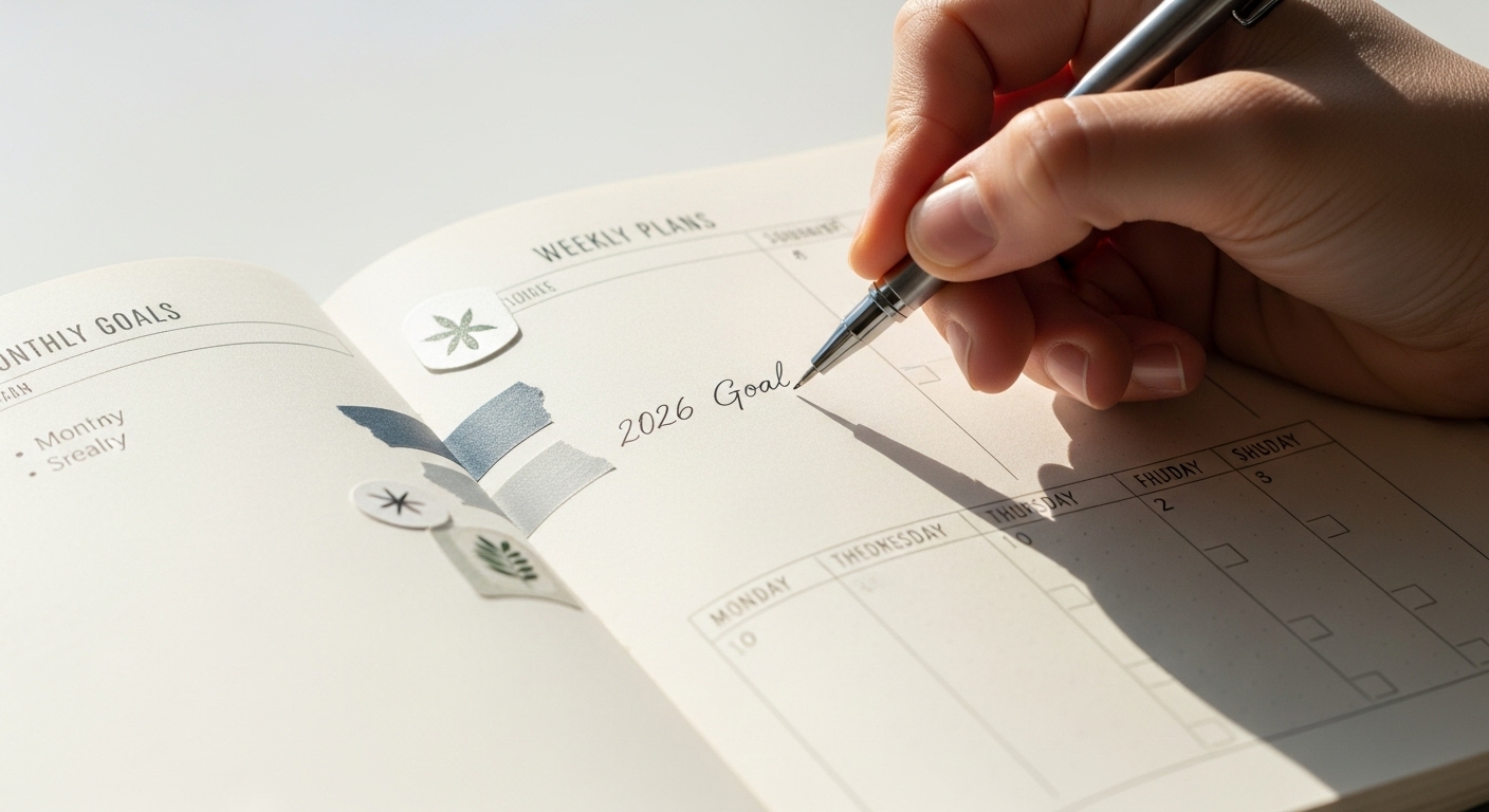 손이 만년 다이어리에 2026년 목표를 기록하는 모습. 다이어리는 블루-그레이 톤으로 깔끔하게 꾸며져 있다.