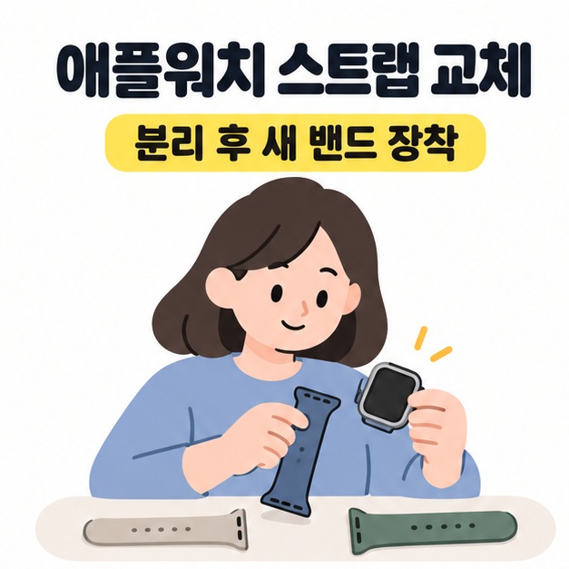 애플워치 스트랩 교체 제목 아래 여러 색의 밴드와 워치를 준비해 기존 밴드를 분리하고 새 밴드를 장착하는 인물 그림