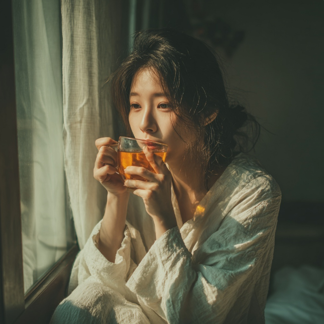 겨울에 유자차를 마시는 모습