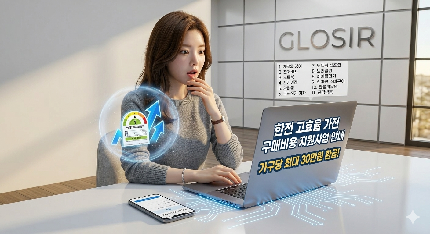 2026년 한전 고효율 가전제품 구매비용 환급제도의 신청 절차와 서류를 노트북으로 신청하고 있는 모습 (글로써 테크 제공)