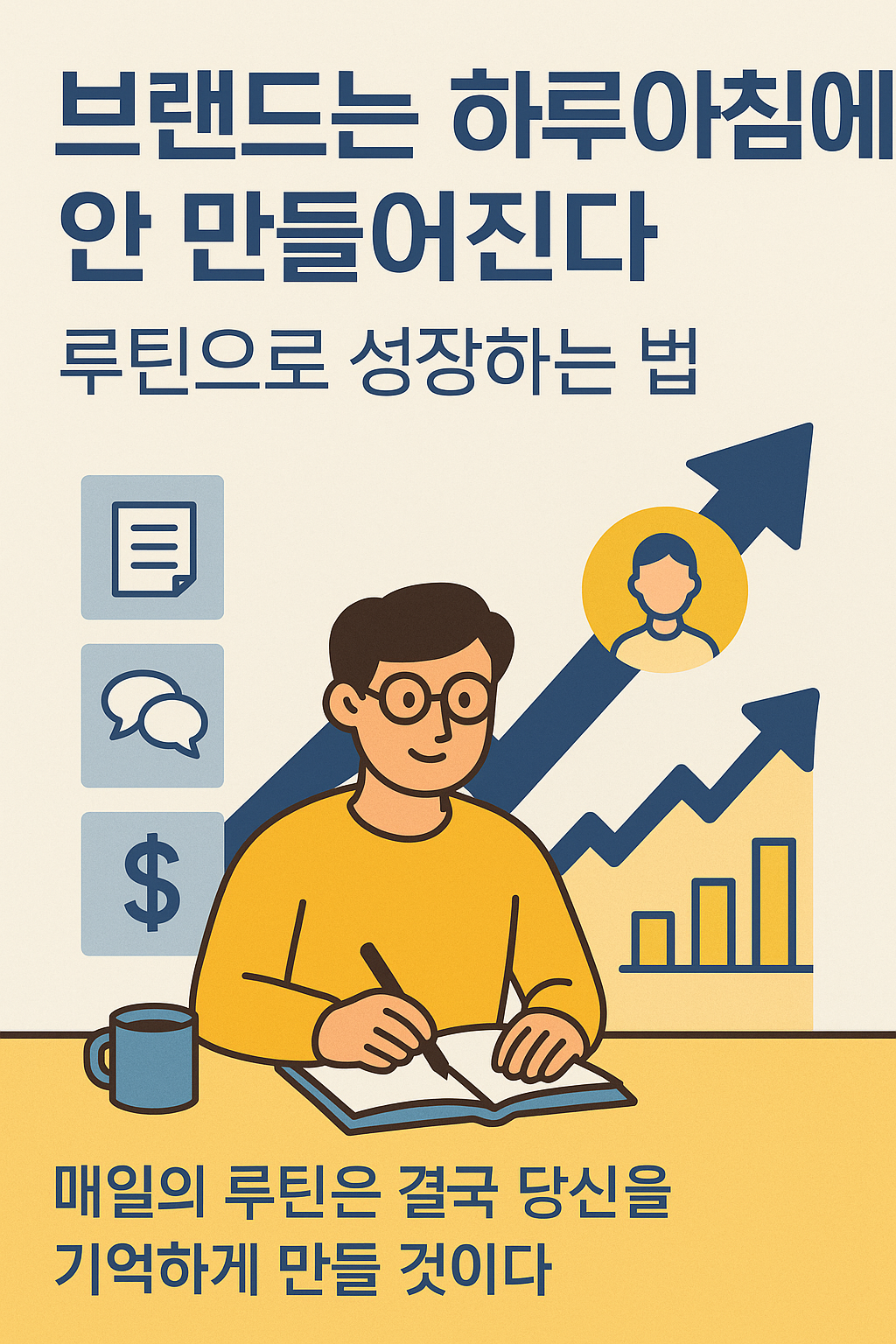 ChatGPT와 Notion을 활용한 루틴 기반의 퍼스널 브랜딩 시작 과정을 상징하는 평면 스타일 일러스트 – 글쓰기와 정리 루틴으로 브랜드를 성장시키는 흐름 시각화