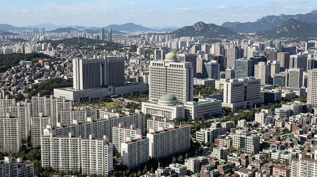 서울 도심 아파트 단지와 법원 청사가 보이는 전경,
자연광, 텍스트 없음, 실사 느낌