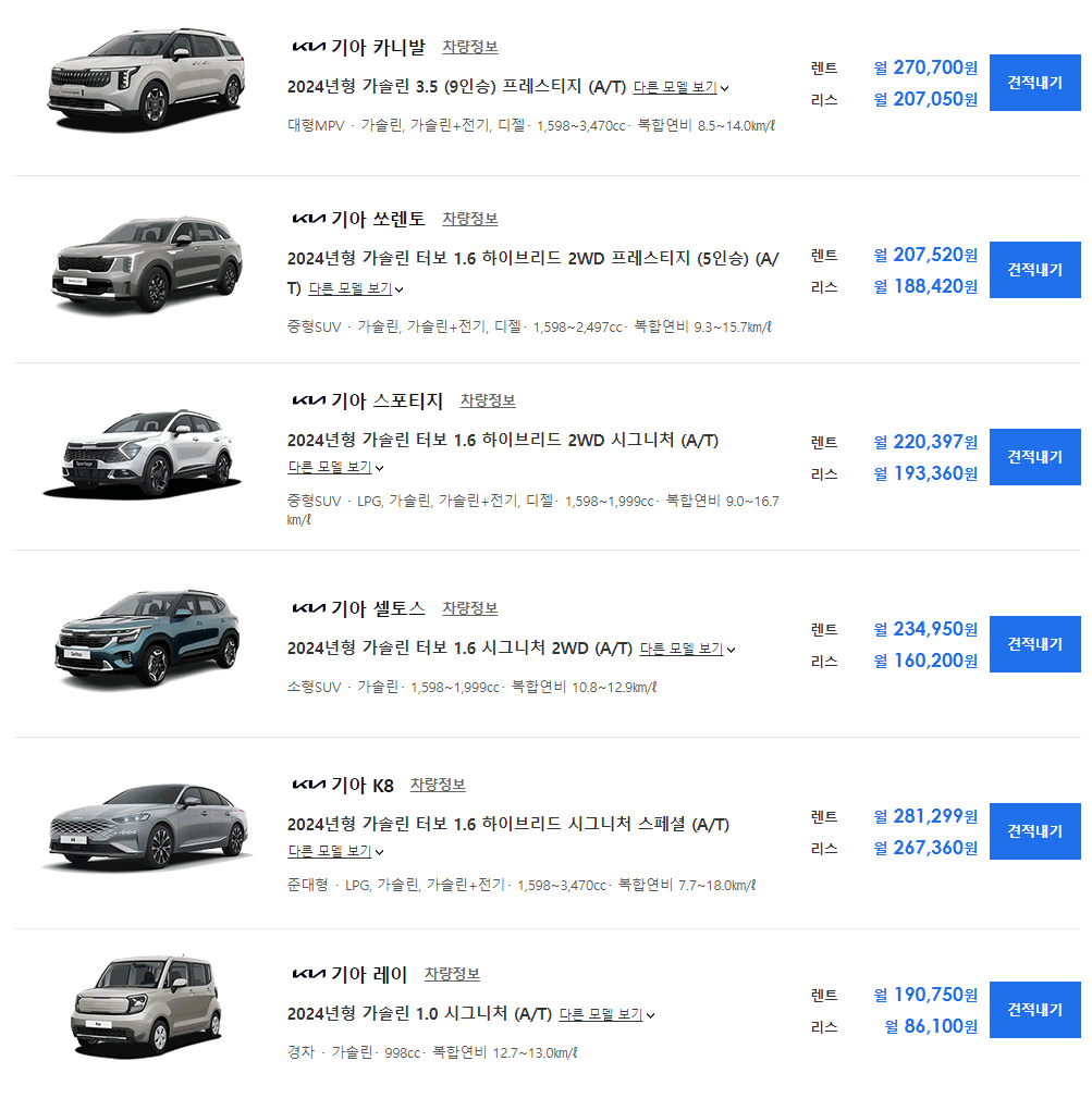 장기 렌트카 2024 가격표 가격비교(현대,기아,제네시스)