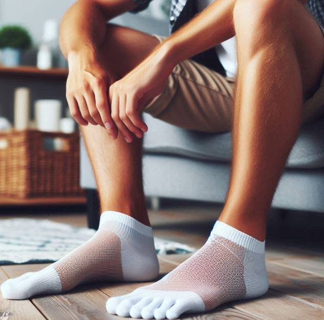 무좀 예방을 위해 환기가 잘 되는 양말을 신은 남성