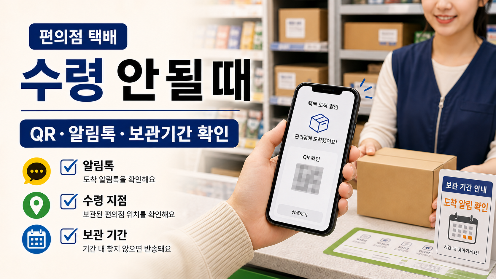 편의점에서 택배를 찾으며 QR과 도착 안내를 살피는 예시 그림