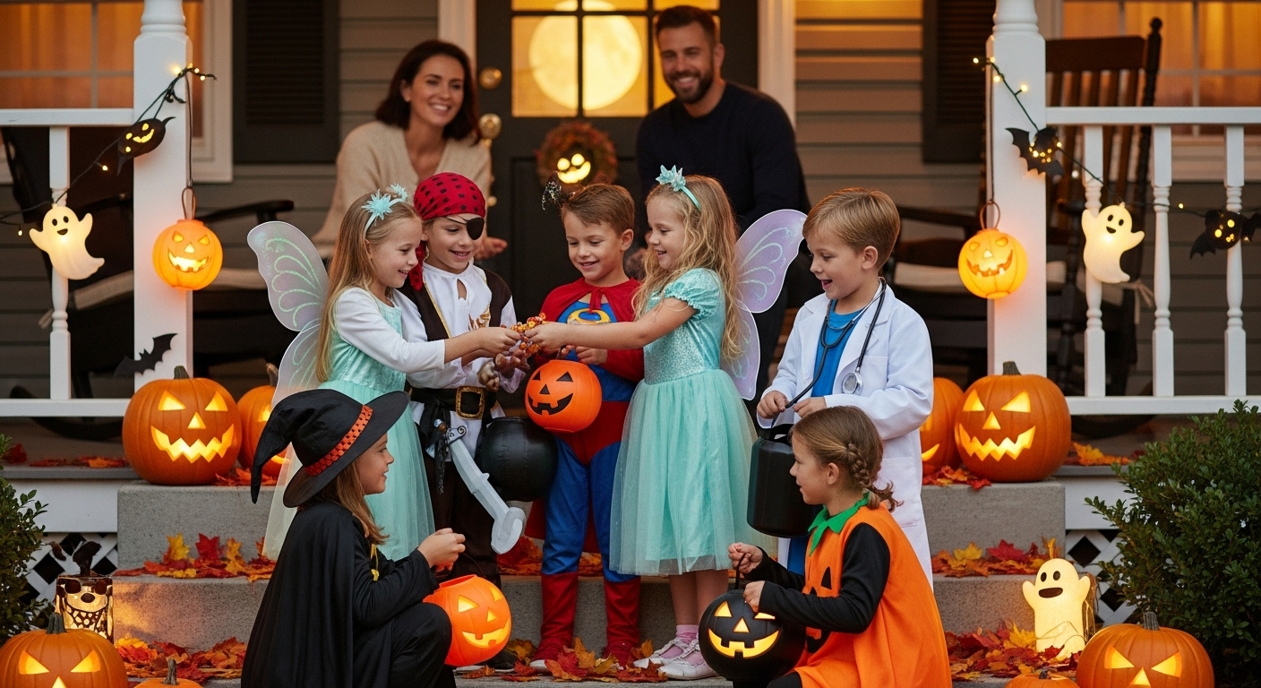 다양한 할로윈 의상을 입은 아이들이 장식된 현관 앞에서 사탕을 교환하며 즐겁게 웃고 있는 모습. 친구들과의 긍정적인 사회적 교류와 나눔이 강조된 장면이다.