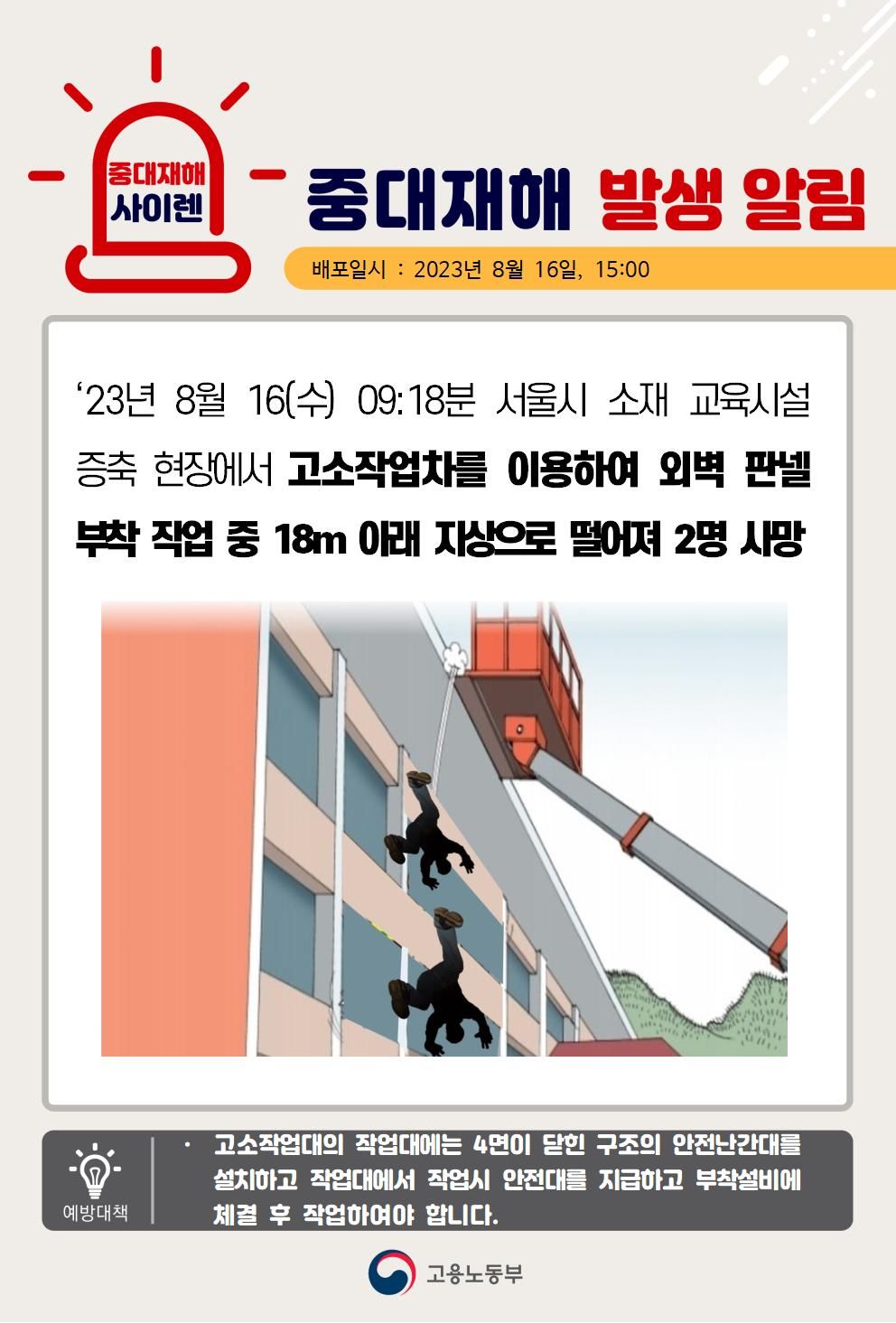 고소작업차로 외벽판넬 부착 작업 중 떨어짐(18m)