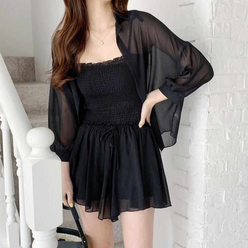 여자 드로잉 썸머 시스루 셔츠 나시 반바지 세트