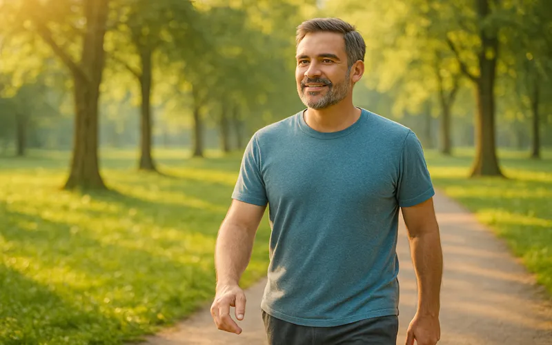 혈관 건강을 위해 아침에 가벼운 걷기 운동을 실천하는 40대 남성
