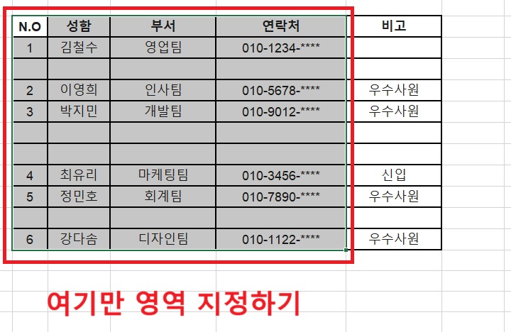 엑셀표에 일부 영역만 지정되어있음