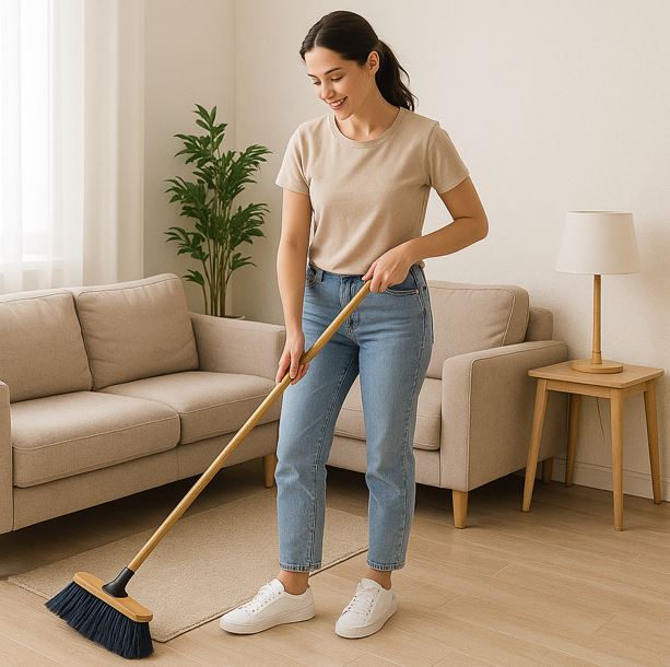 거실에 빗자루를 들고 청소를 하고 있는 여성이 있다.