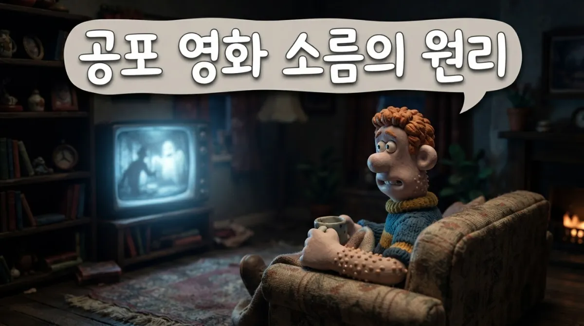 어두운 거실에서 TV를 보며 온몸에 닭살이 돋아난 클레이 인물의 깜짝 놀란 표정을 짓고 있고 '공포 영화 소름의 원리"라는 텍스트가 상단중앙에 쓰여진 이미지