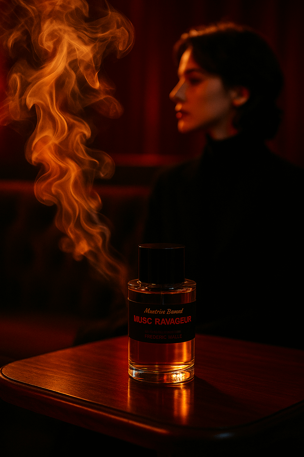 어두운 재즈바 분위기 속, 붉은 조명 아래 검은 터틀넥을 입은 여성이 벨벳 소파에 앉아 있고, 전경에는 따뜻한 호박색 액체가 담긴 프레데릭 말 뮤스크 라바줴 향수병이 나무 테이블 위에 놓여 있다. 향수병 옆에는 바닐라와 시나몬을 형상화한 황금빛 연무가 피어오르며 고급스럽고 관능적인 분위기를 자아낸다