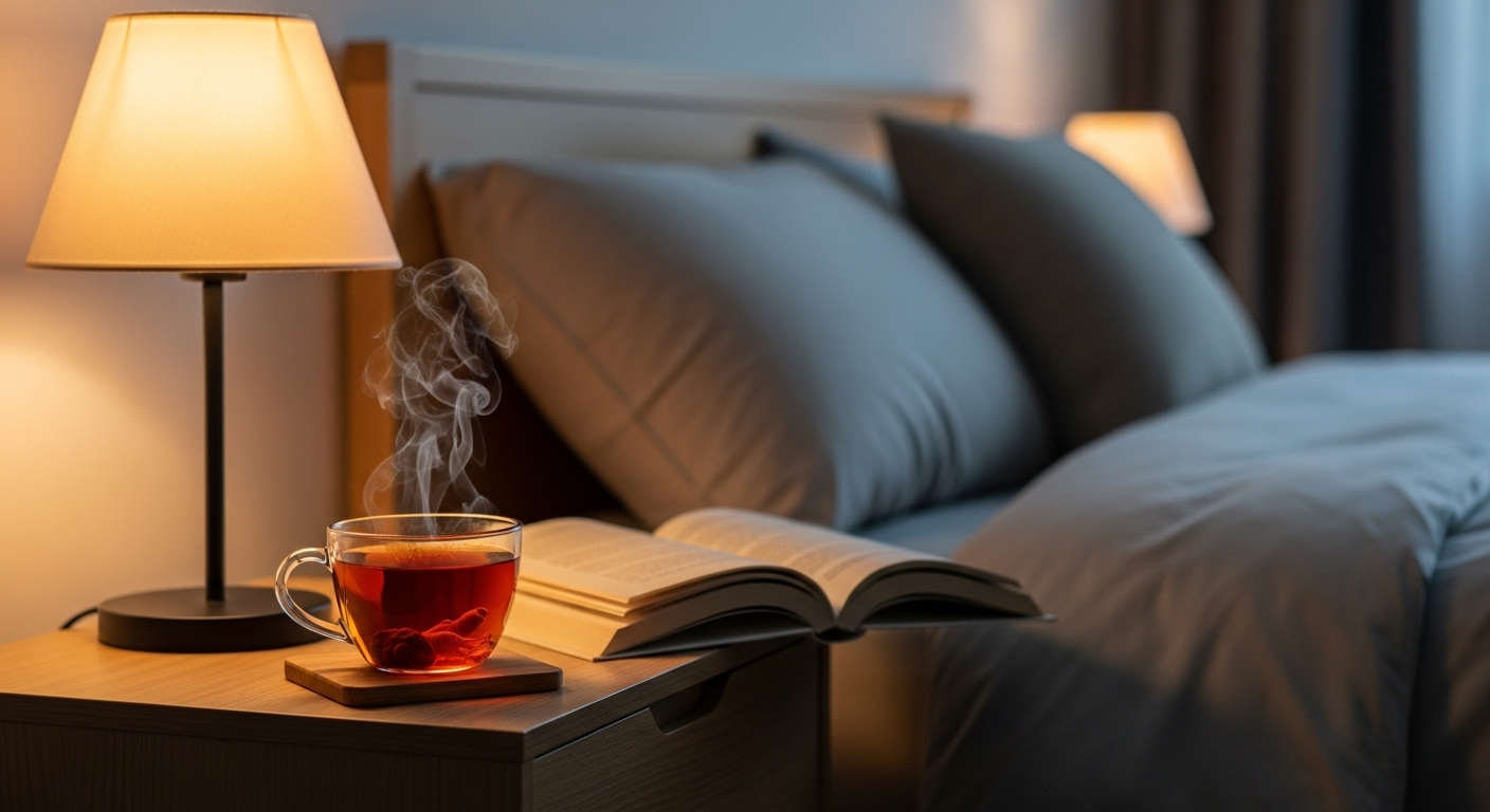 저녁 무렵 침대 옆 탁자에 김이 나는 장뇌삼 차 한 잔과 책이 놓여있는 아늑한 침실 풍경. 숙면과 휴식을 암시하는 따뜻하고 평화로운 분위기.