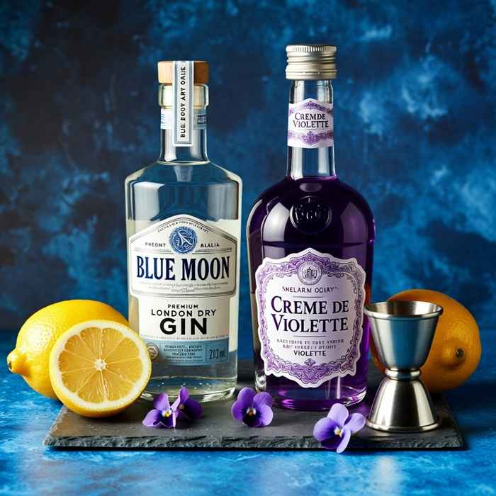 블루 문 재료 - 드라이 진, 크렘 드 비올레, 신선한 레몬과 보라색 꽃