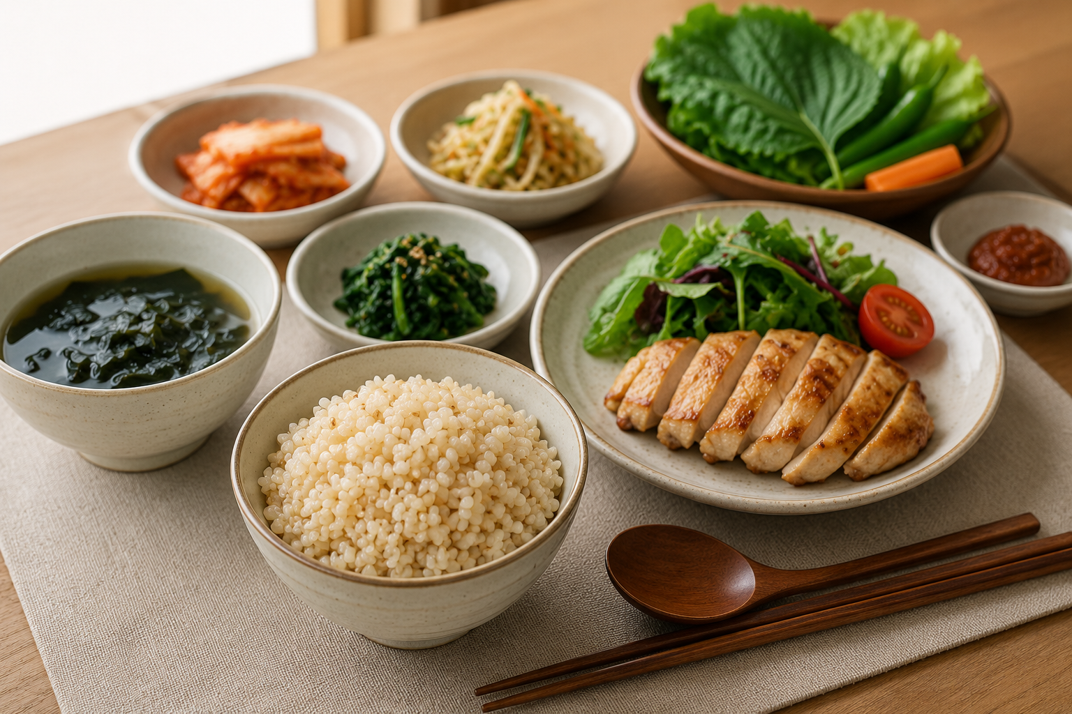 밥 한 공기와 채소, 단백질 반찬이 함께 차려진 식사