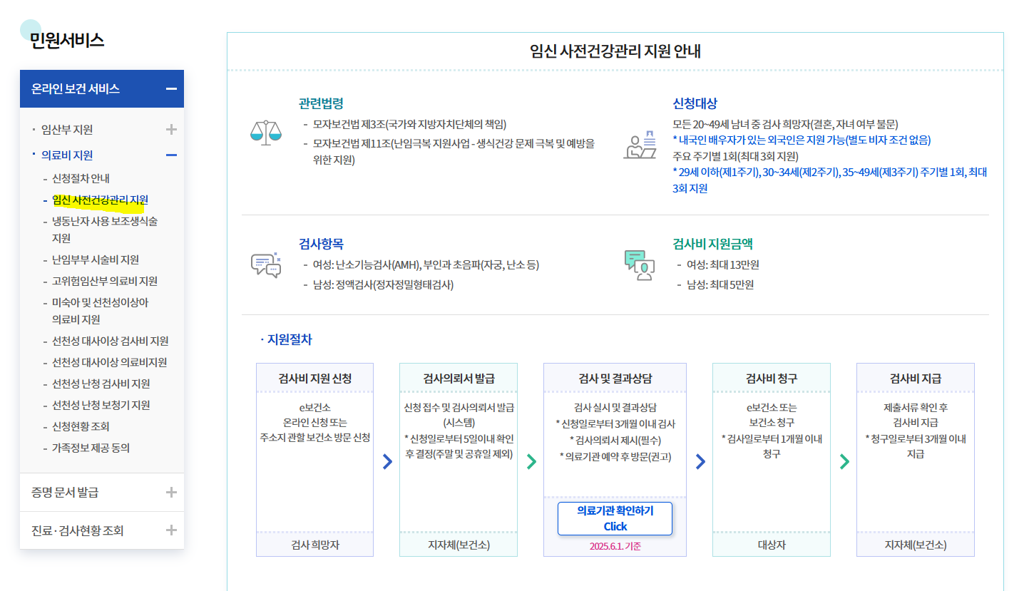 임신 사전건강관리 지원 안내/ 출처 - e보건소 웹사이트