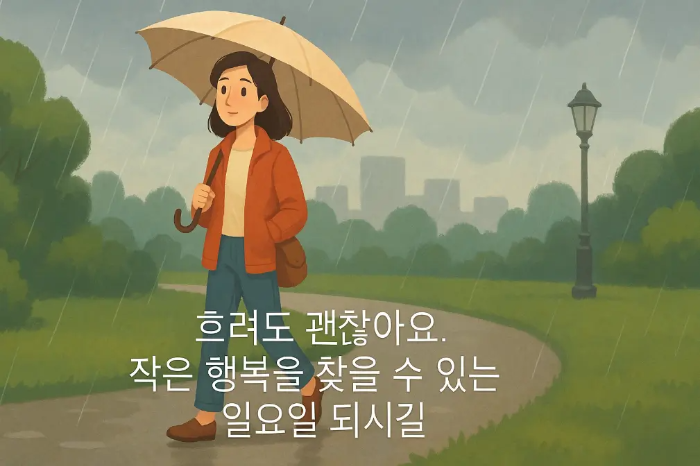 흐린 일요일 인사말-흐린날 우산 길 걷는 여자
