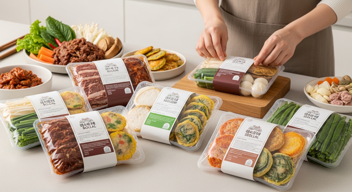 깔끔하게 포장된 다양한 설날 명절 밀키트 제품들이 현대적인 주방 조리대 위에 놓여있는 모습.