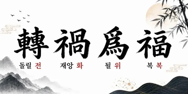전화위복(轉禍爲福) 한자 뜻과 음을 전통 수묵화 스타일로 표현한 이미지
