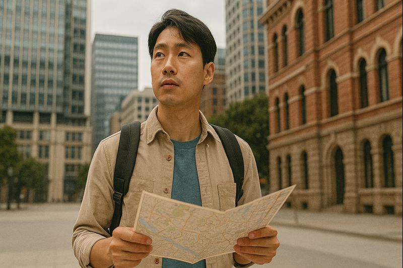 낯선 도시로 여행간 여행객