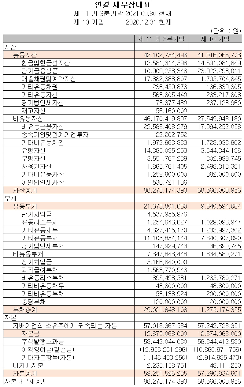 덱스터스튜디오 2021년 3분기 재무상태표