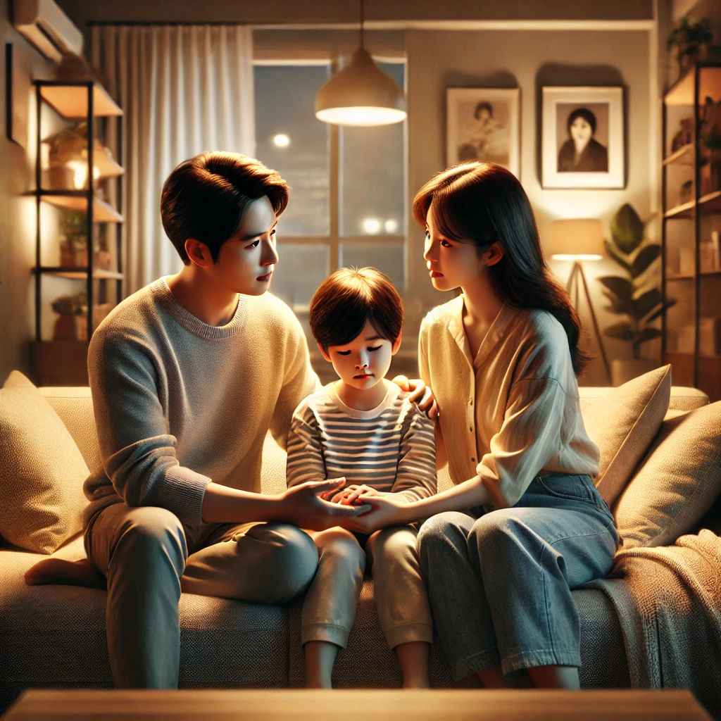 부모가 아이에게 진심 어린 사랑과 지지를 표현하는 장면을 따뜻하고 사실적으로 묘사했습니다.