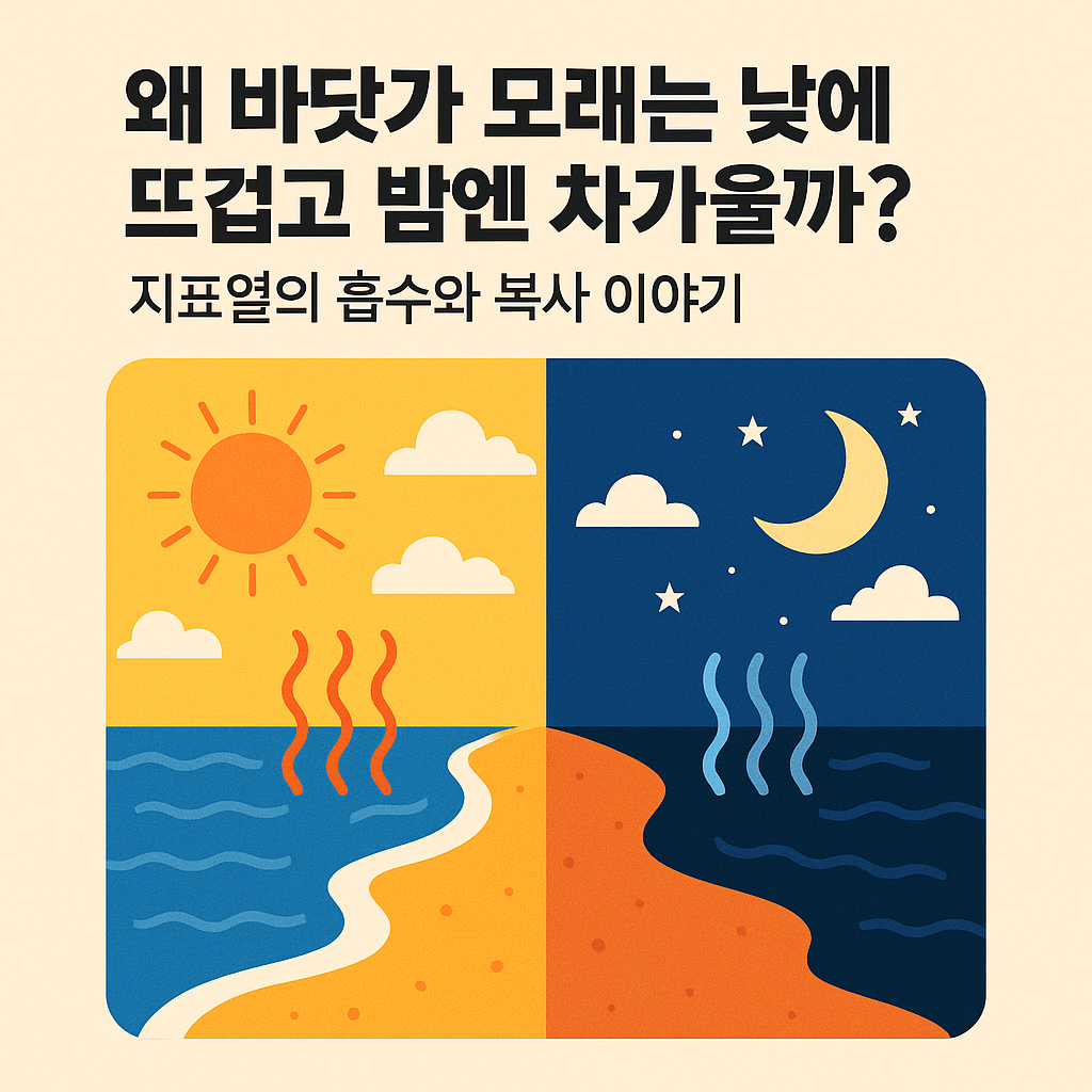 낮과 밤의 해변 온도 차이를 보여주는 일러스트, 지표열의 흡수와 복사 원리를 설명하는 이미지