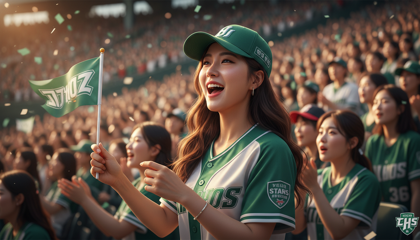 야구 경기장에서 초록색 팀 유니폼을 입고 활기차게 응원하는 아름다운 여성의 AI 생성 실사 이미지.