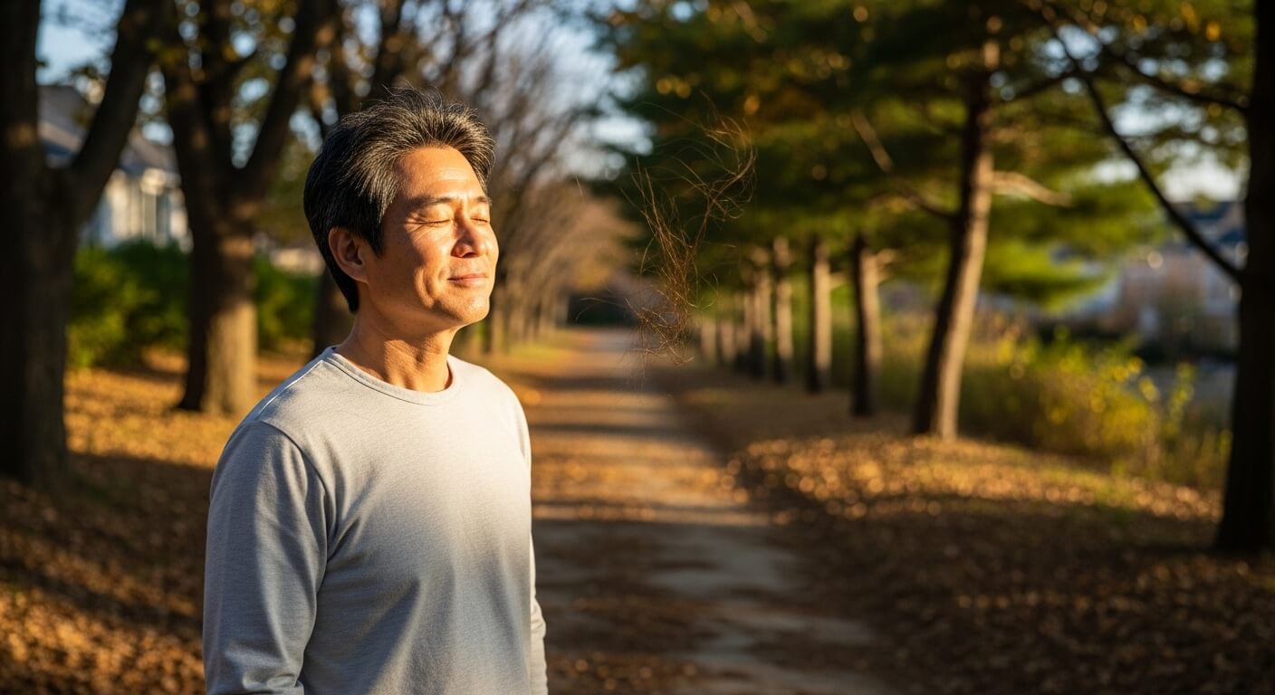 오후 햇살 아래 공원 산책로에서 눈을 감고 평온함을 느끼는 한국인 중년 남성의 모습