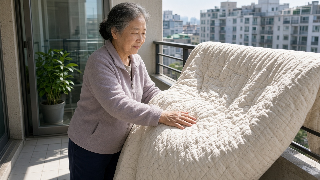 햇볕 드는 베란다에서 이불을 널고 두드려 먼지를 터는 60대 한국인 어머니