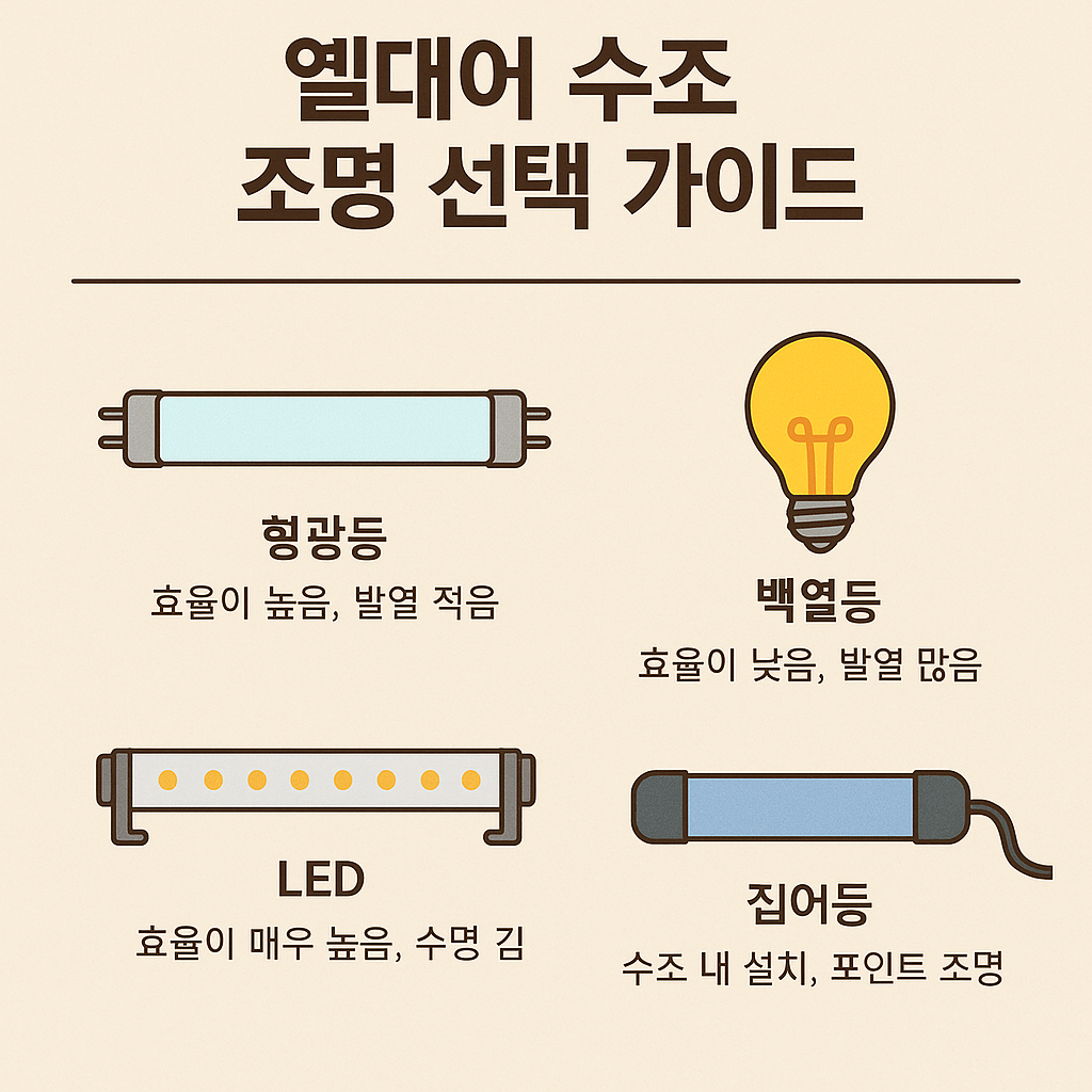 연한 베이지 배경 위에 4가지 조명 종류가 아이콘과 함께 정리된 인포그래픽.

형광등: 긴 원통형 조명 아이콘 아래에 &ldquo;효율이 높음, 발열 적음&rdquo;이라는 설명.

백열등: 전구 모양의 아이콘 아래에 &ldquo;효율이 낮음, 발열 많음&rdquo;이라는 설명.

LED: 작은 원형 점들이 박힌 긴 조명 아이콘 아래에 &ldquo;효율이 매우 높음, 수명 김&rdquo;이라는 설명.

집어등: 물속에 설치되는 조명 형태의 아이콘 아래에 &ldquo;수조 내 설치, 포인트 조명&rdquo; 문구.
상단에는 굵은 글씨로 &ldquo;열대어 수조 조명 선택 가이드&rdquo;라는 제목이 중앙에 배치됨.