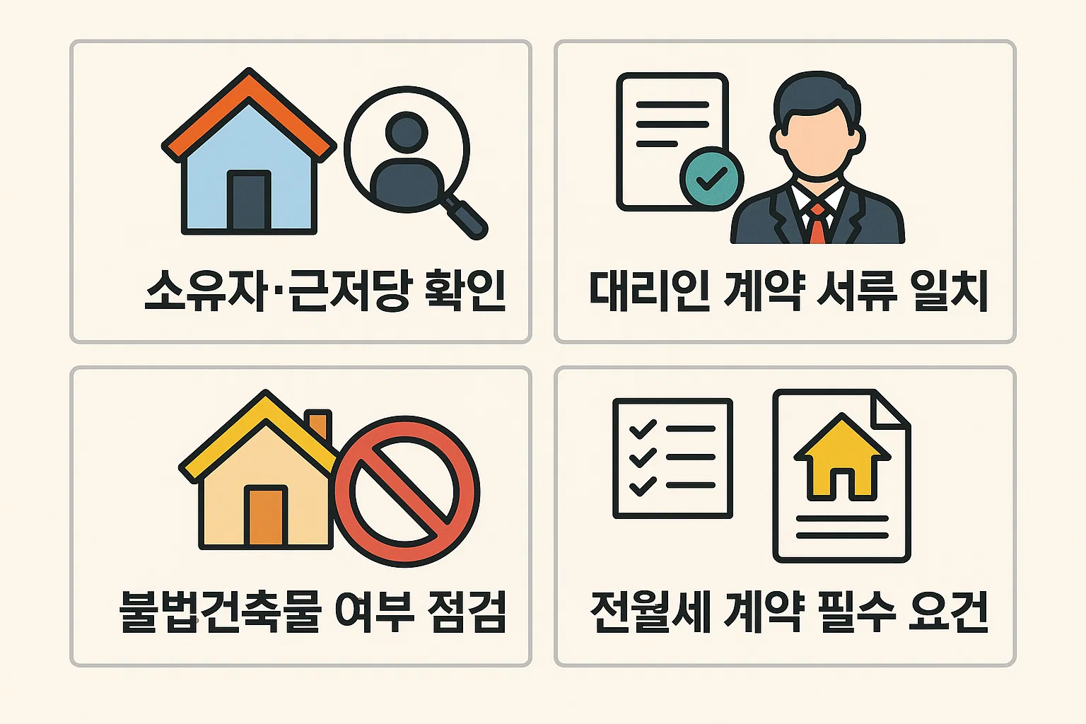 월세계약 체결 전 반드시 확인해야 할 소유자·근저당 여부, 대리인 계약 시 서류 일치 여부, 불법건축물 조사, 전월세 계약 필수 조건 등 안전한 계약을 위한 권리관계 확인 절차를 안내하는 인포그래픽