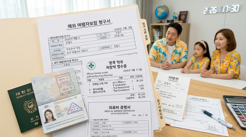 태국 약국 영수증과 해외 여행자보험 서류