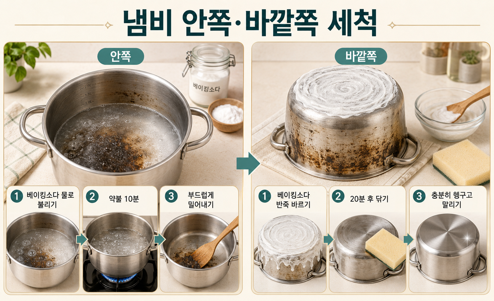 베이킹소다를 이용한 탄 냄비 안쪽과 바깥쪽 세척 방법 비교
