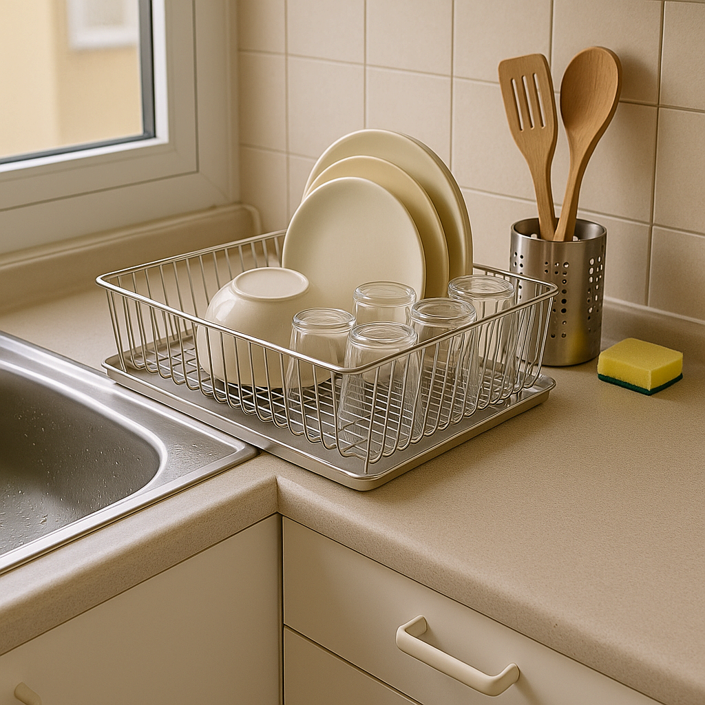 싱크대에서 설거지가 끝난 후 컵과 그릇이 건조대에 가지런히 놓인 모습