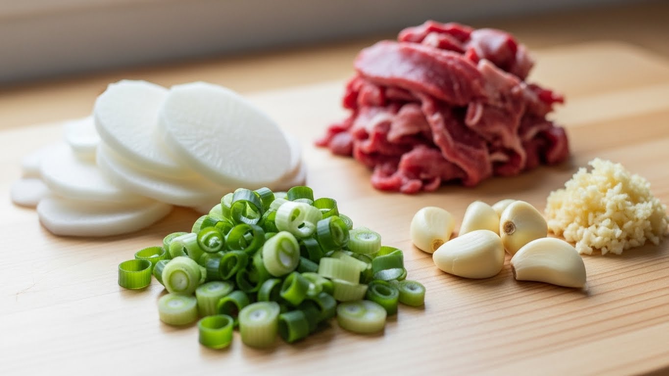 무를 두툼하게 썰어 준비한 소고기무국 재료