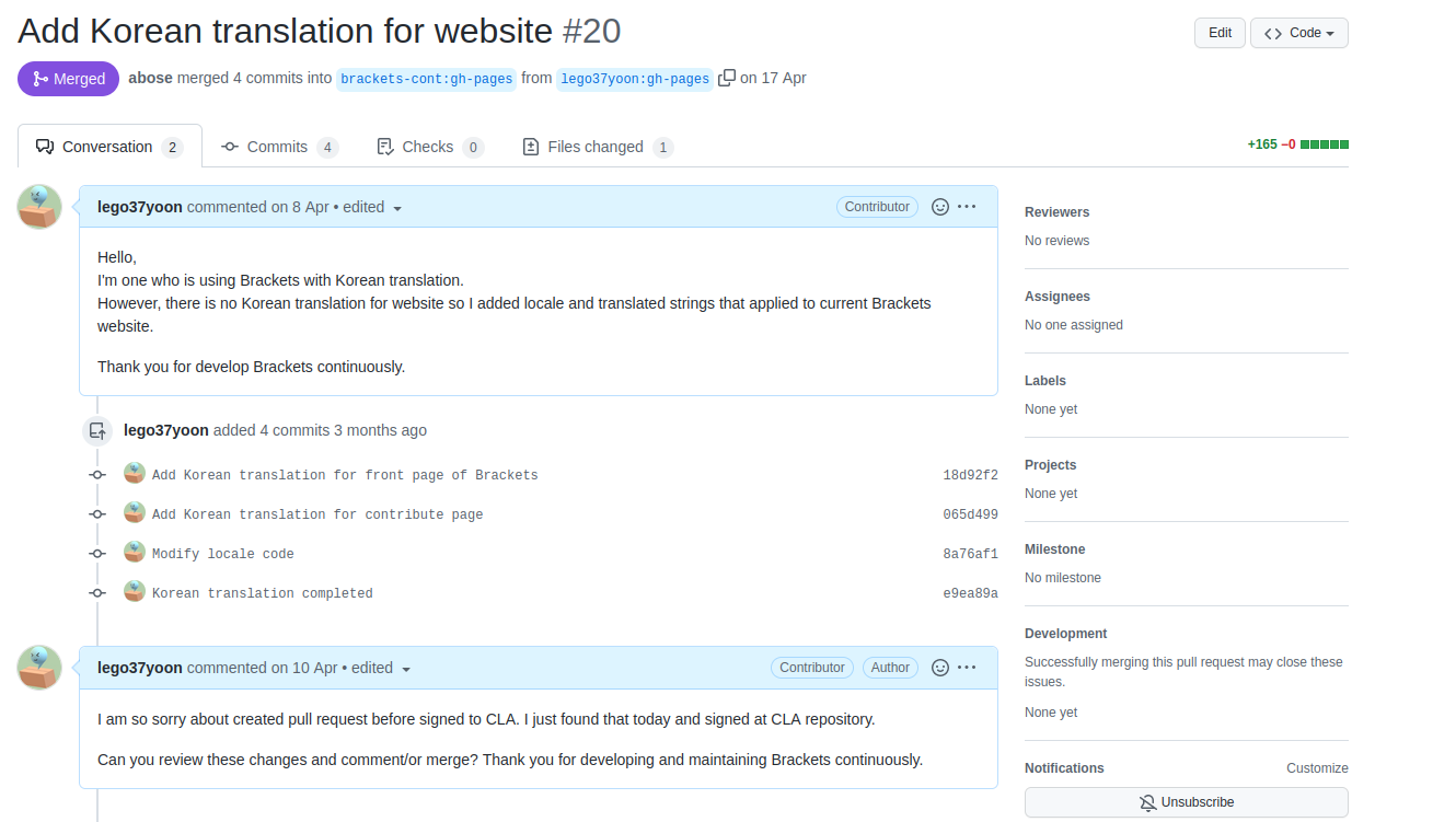 Brackets 에디터의 웹 사이트 Pull Request 화면. Add Korean translation for website라는 제목으로 열었고, 현재 Merged 된 상태이다. 한국어 번역이 없어서 추가했으며, Brackets를 지속적으로 개발해주셔서 감사하다는 내용이 적혀있다.
그 아래에는 CLA에 서명하지 않고 PR을 생성하여 죄송하다는 내용이 적혀있으며, CLA에 서명했으니 리뷰를 부탁드린다는 내용이 같이 있다.